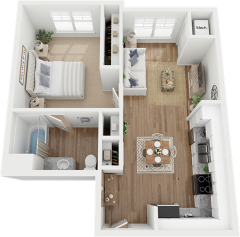 Floor plan for 1 bed, 1 bath, 568 sqft